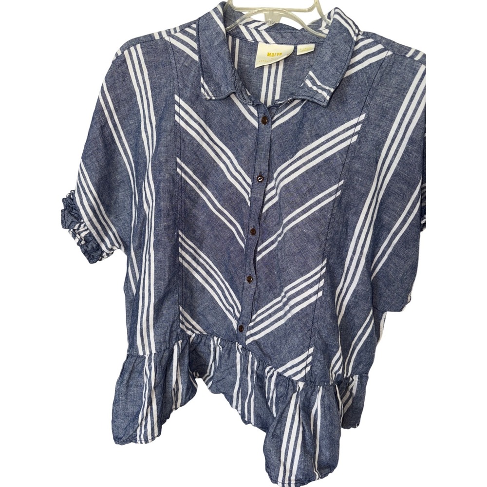 Maeve Blue and White Striped Ruffle Peplum Blouse - Picture 2 of 7